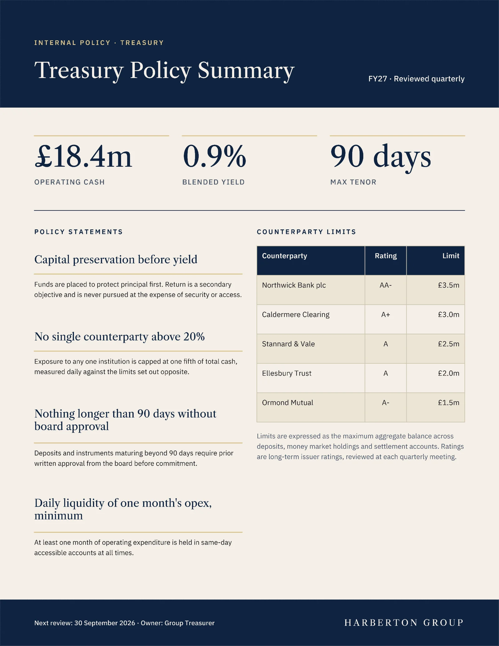 Treasury Policy One Pager — 2-page One pager template, page 1 of 2