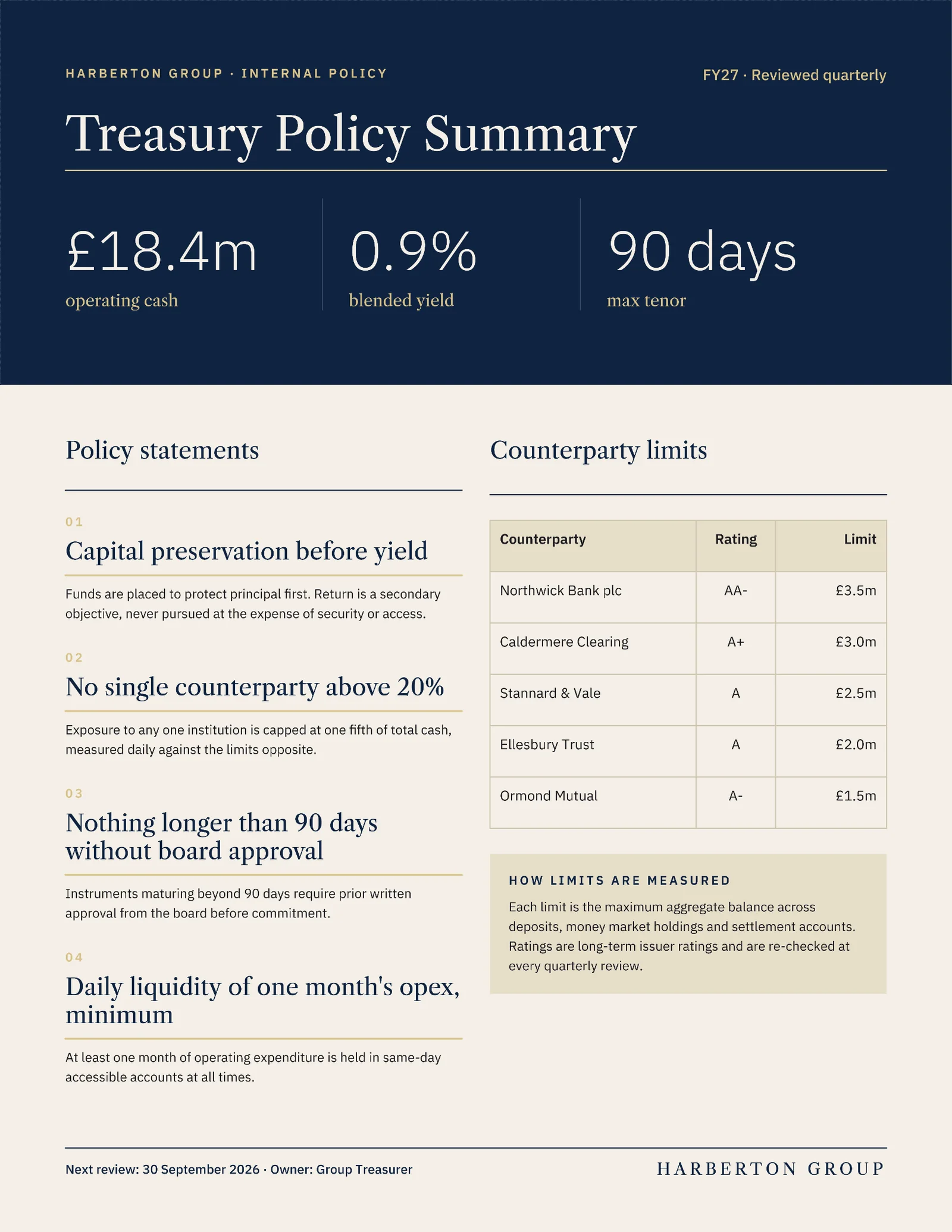 Treasury Policy One Pager — 2-page One pager template, page 2 of 2