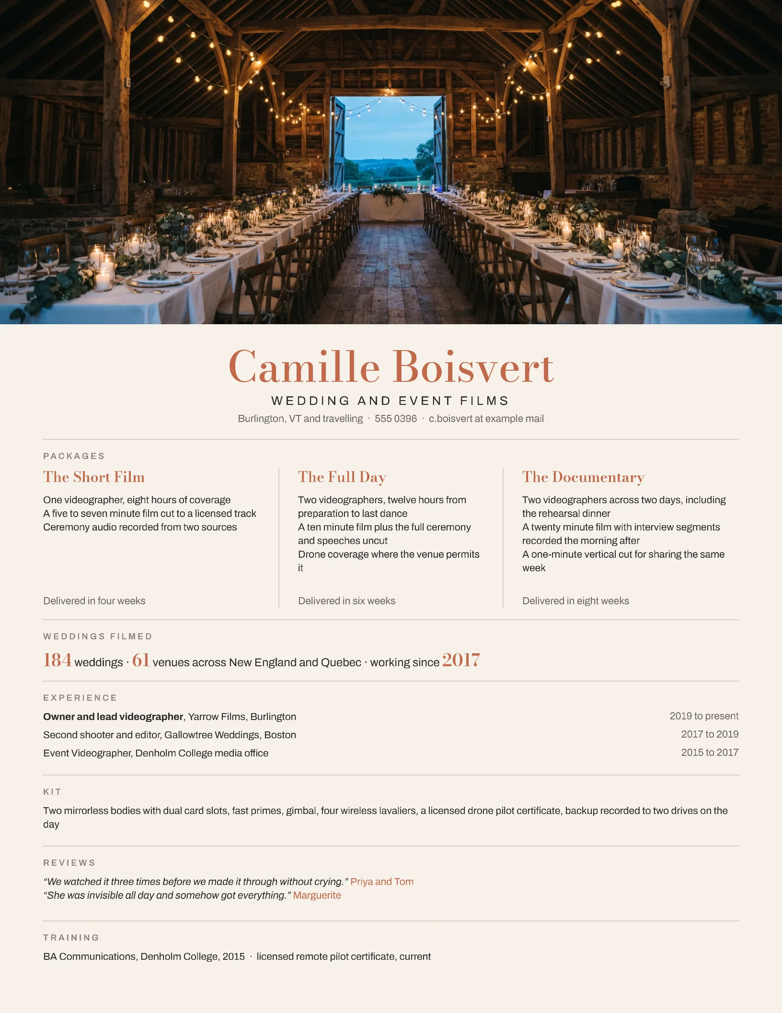 Wedding Videographer Resume — Letter Resume template