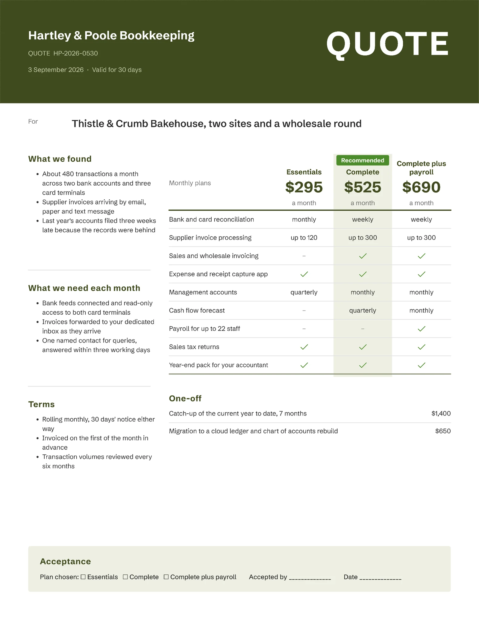 Olive Tiered Bookkeeping Service Quote — 2-page Quote template, page 2 of 2