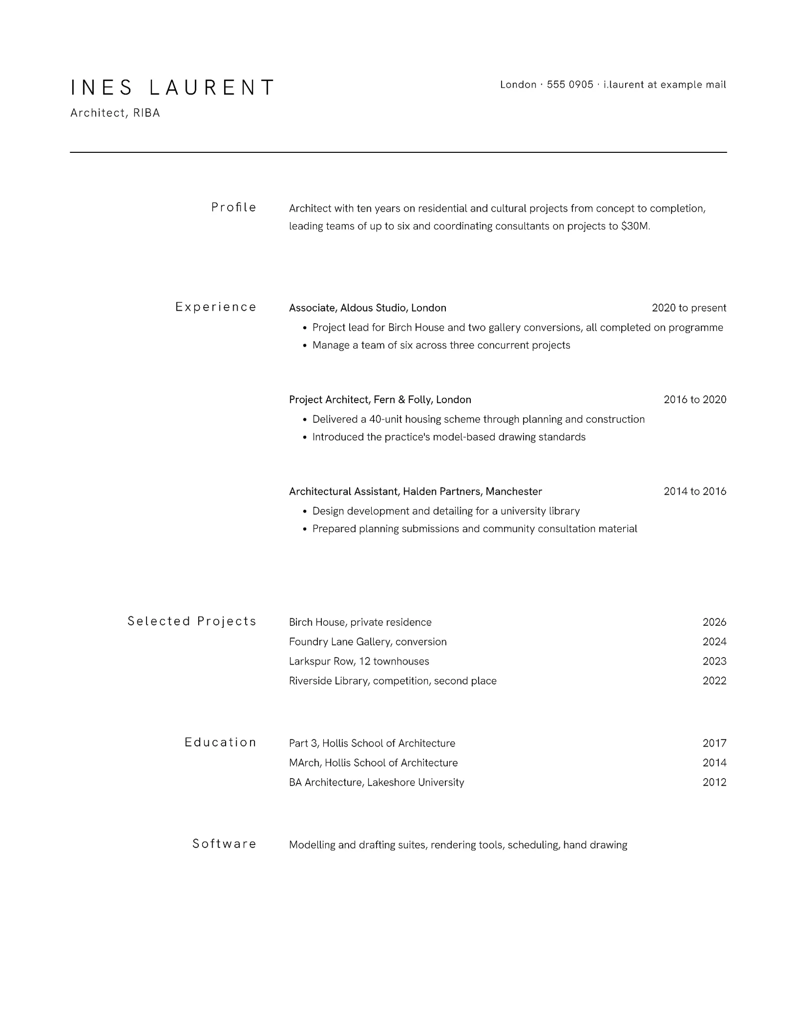 Minimalist Architect Résumé — Letter Resume template