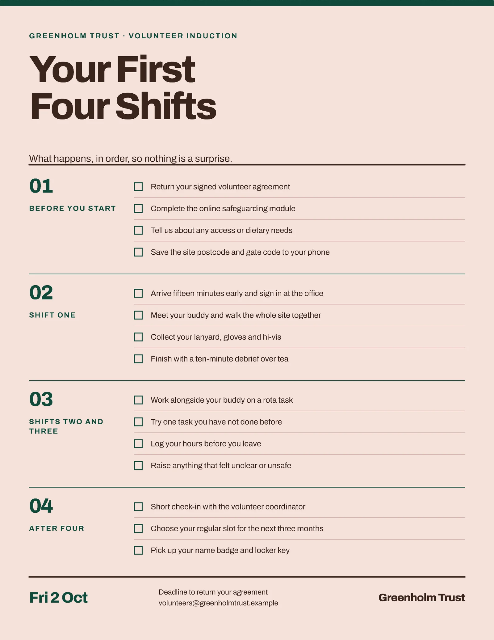 Volunteer Induction One Pager — 2-page One pager template, page 2 of 2