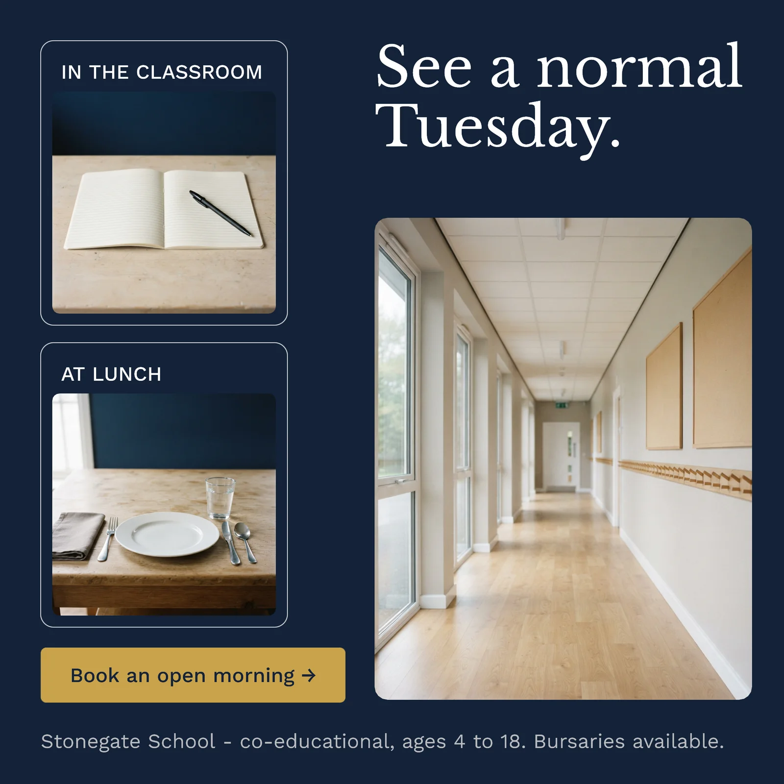Navy panels open morning — 1:1 Instagram ad template