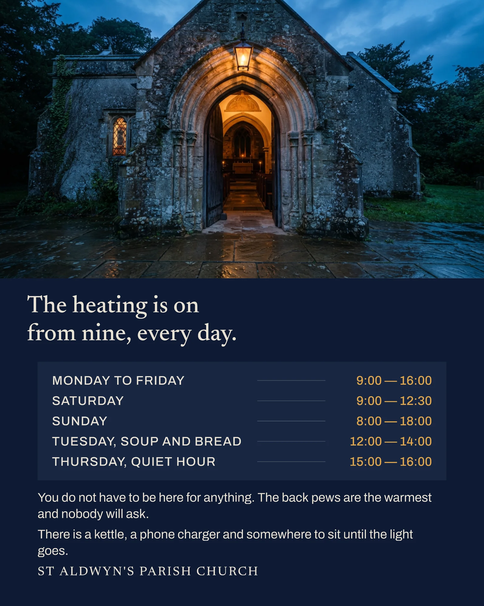 Midnight Candle Amber Open Hours Panel Parish Church Winter Post — 4:5 Facebook post template