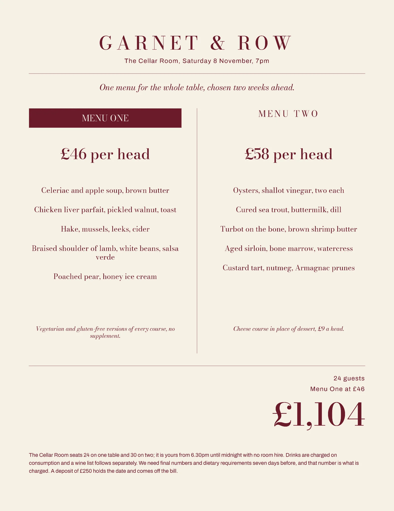 Private Dining Set Menu Restaurant Quote — Letter Quote template