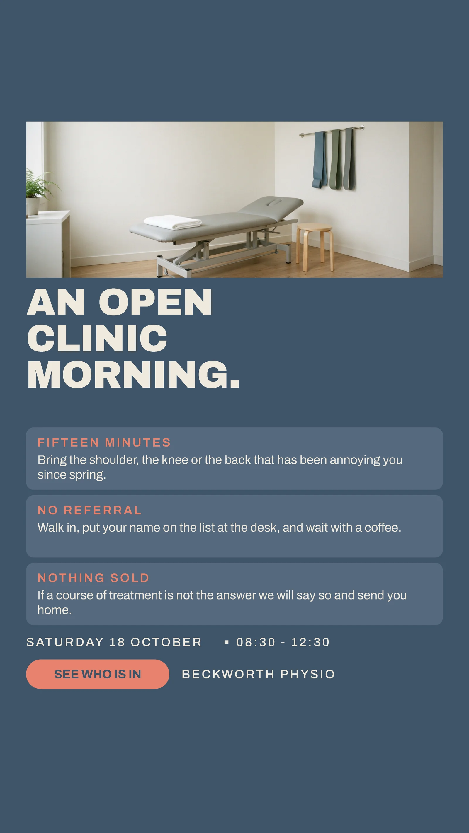 Slate Coral Stacked Cards Physio Open Clinic Morning Instagram Story — 9:16 Instagram story template