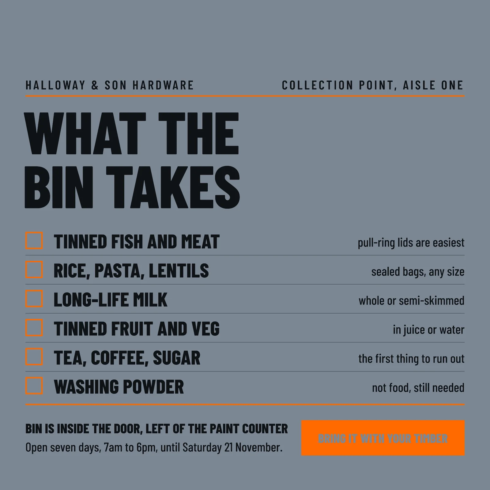 Slate Orange Checklist Hardware Food Drive Facebook Ad — 1:1 Facebook ad template