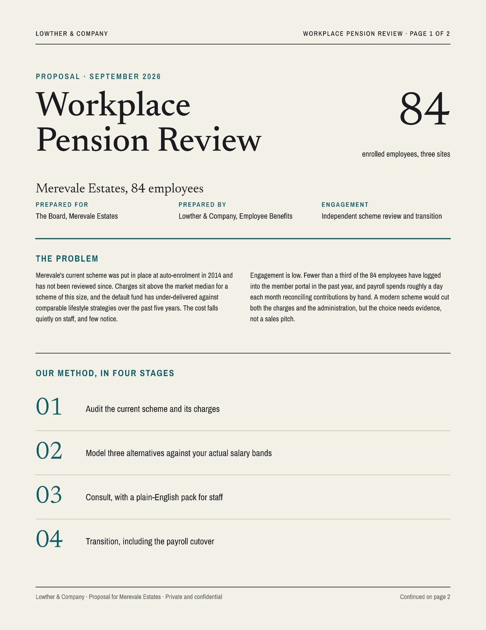 Pension Scheme Review Proposal — 2-page Proposal template, page 1 of 2