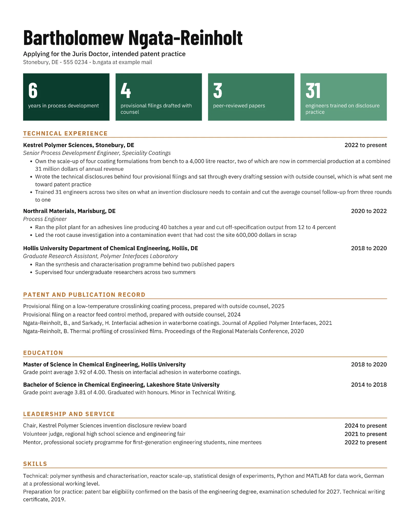 Patent Law School Resume — Letter Resume template