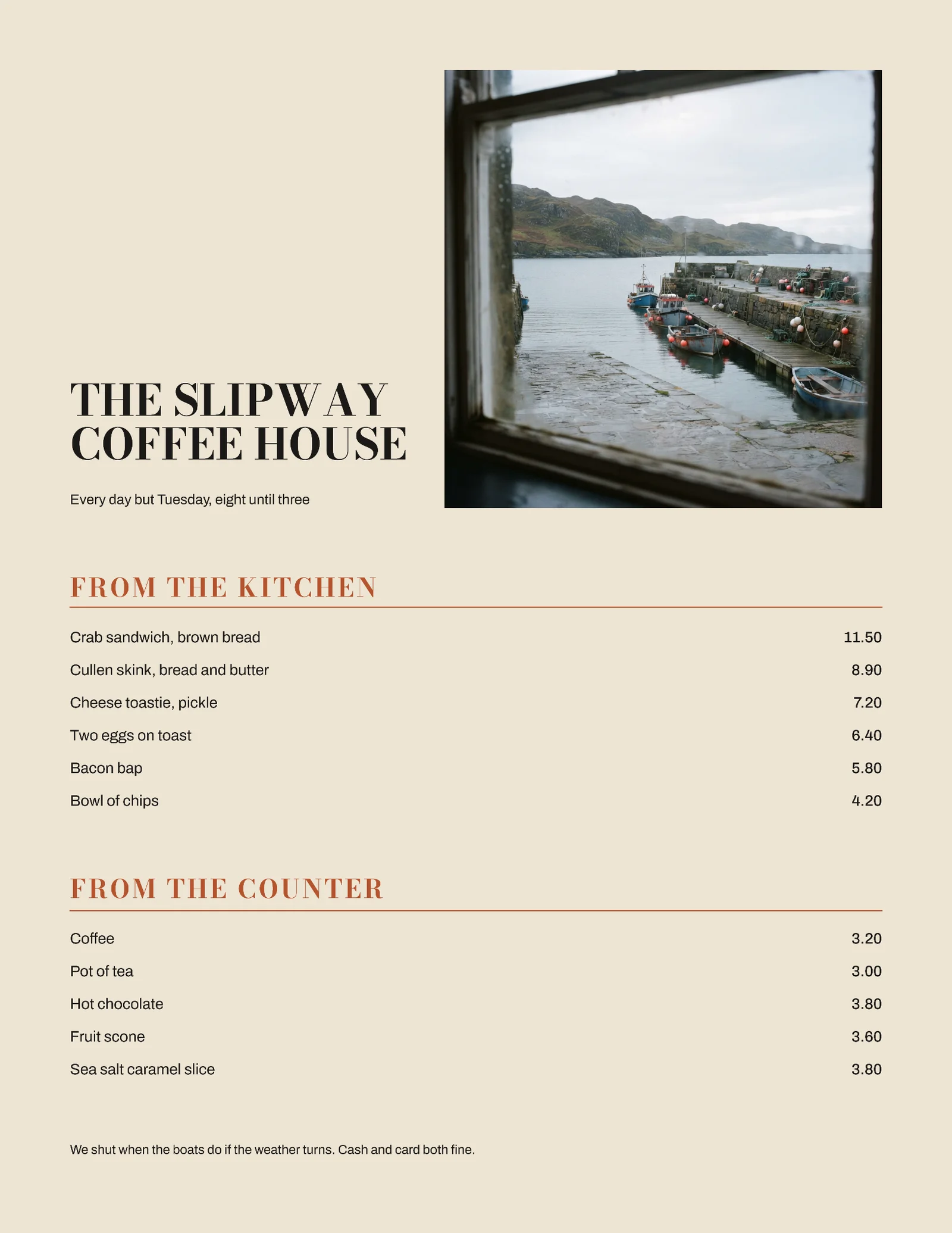 Clay Corner Plate Harbour Cafe Menu — Letter Menu template