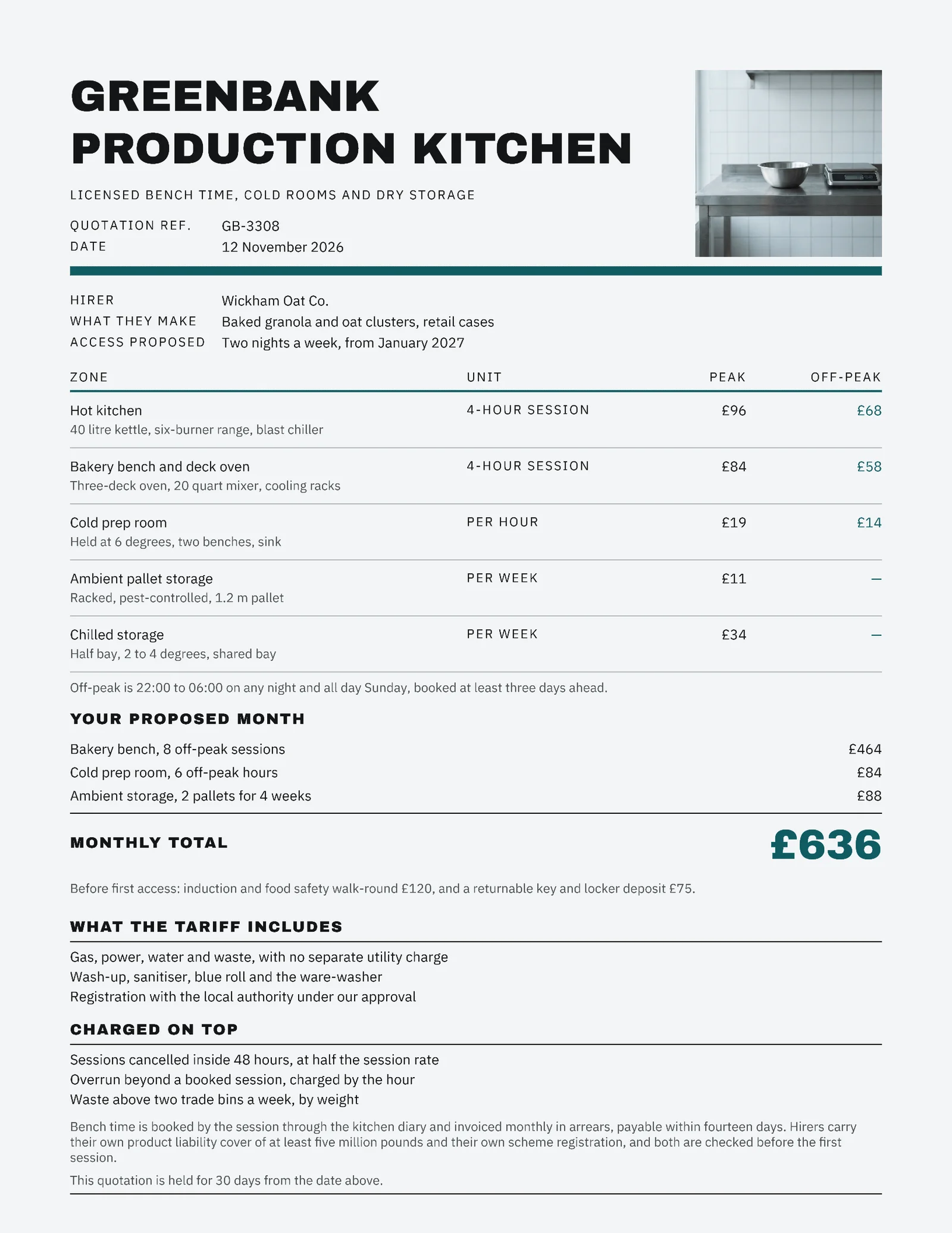 Shared Production Kitchen Hire Quote — Letter Quote template