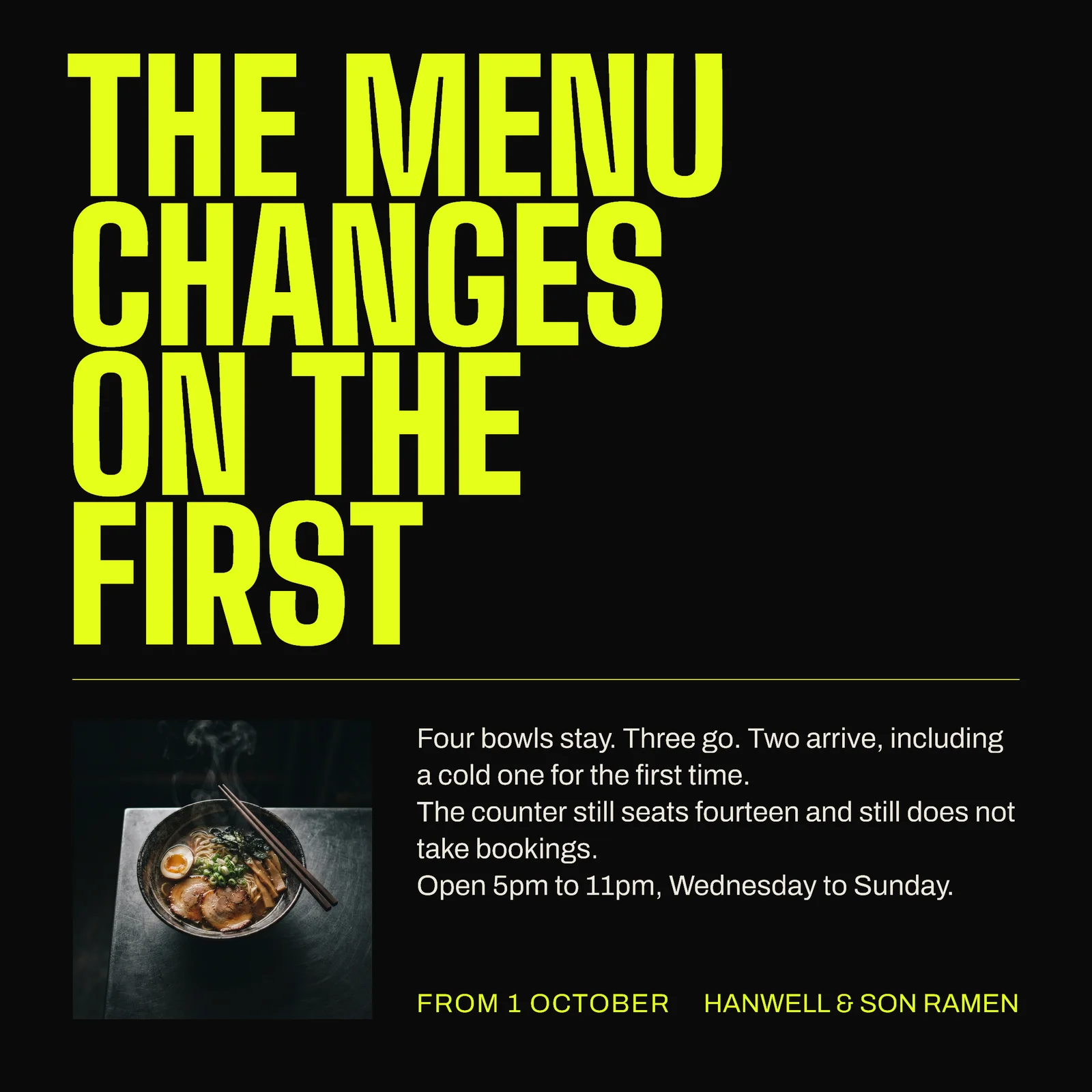 New Menu Launch Ramen Bar Instagram Ad — 1:1 Instagram ad template
