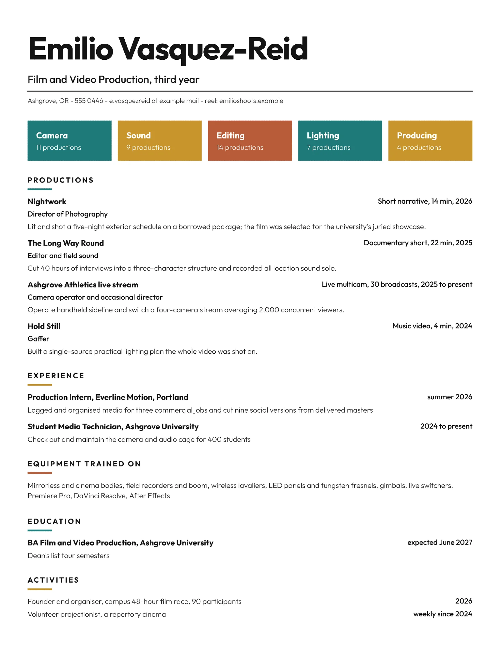 Film Student Resume — Letter Resume template