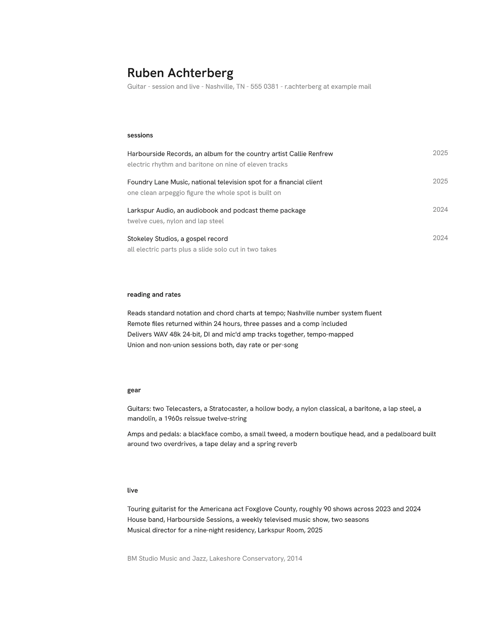 Session Musician Resume — Letter Resume template
