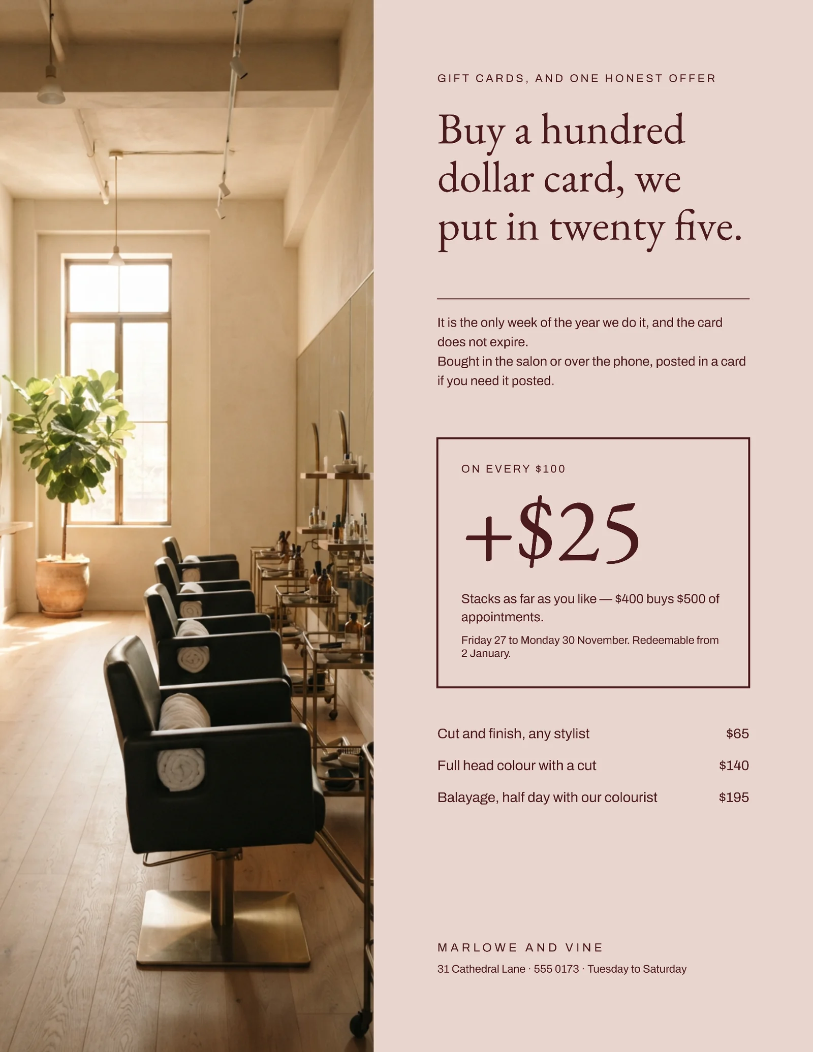 Plaster Column Split Hair Salon Black Friday Gift Cards Flyer — Letter Flyer template