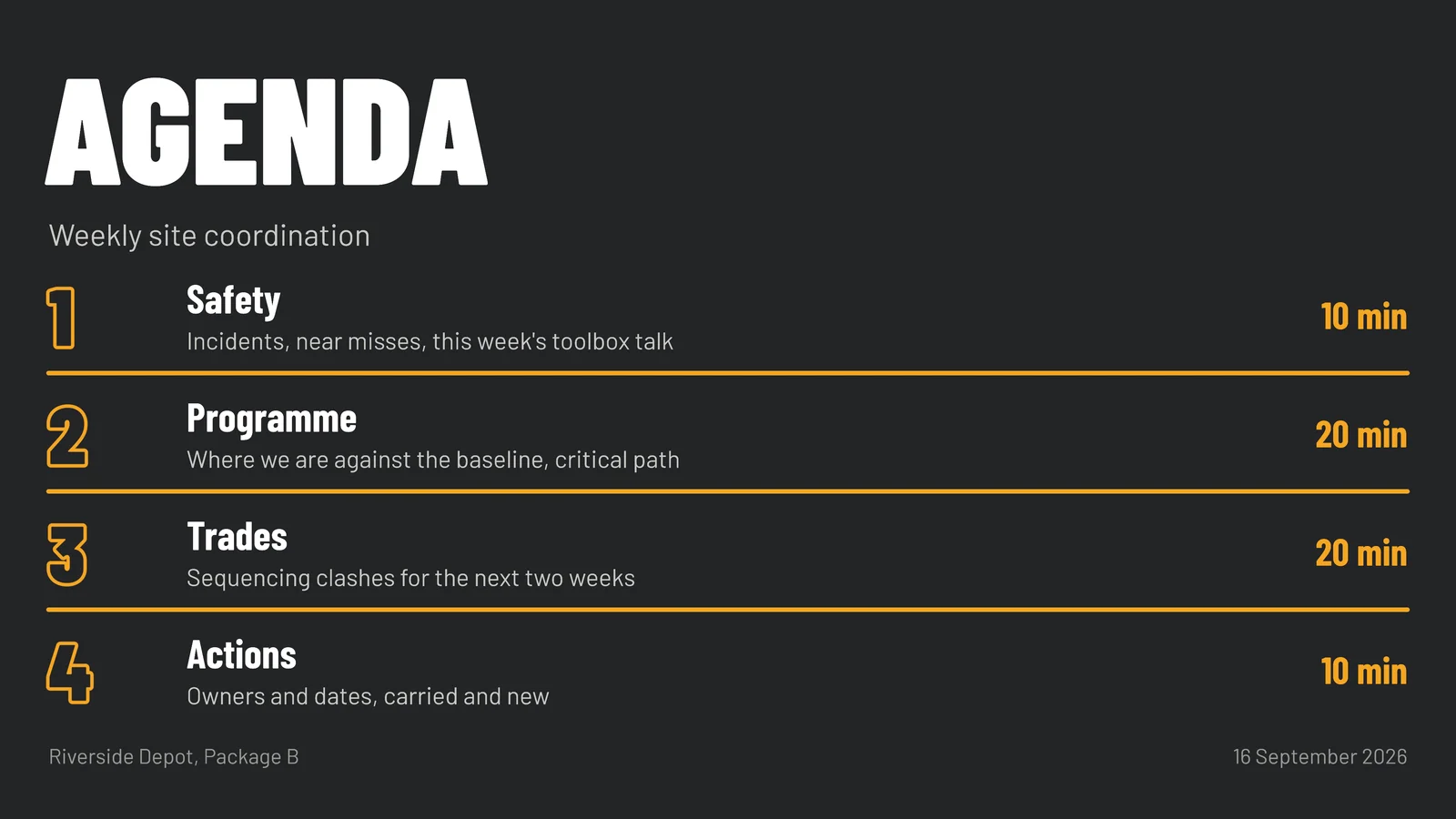 Big Numeral Agenda Slide — 16:9 Slide template