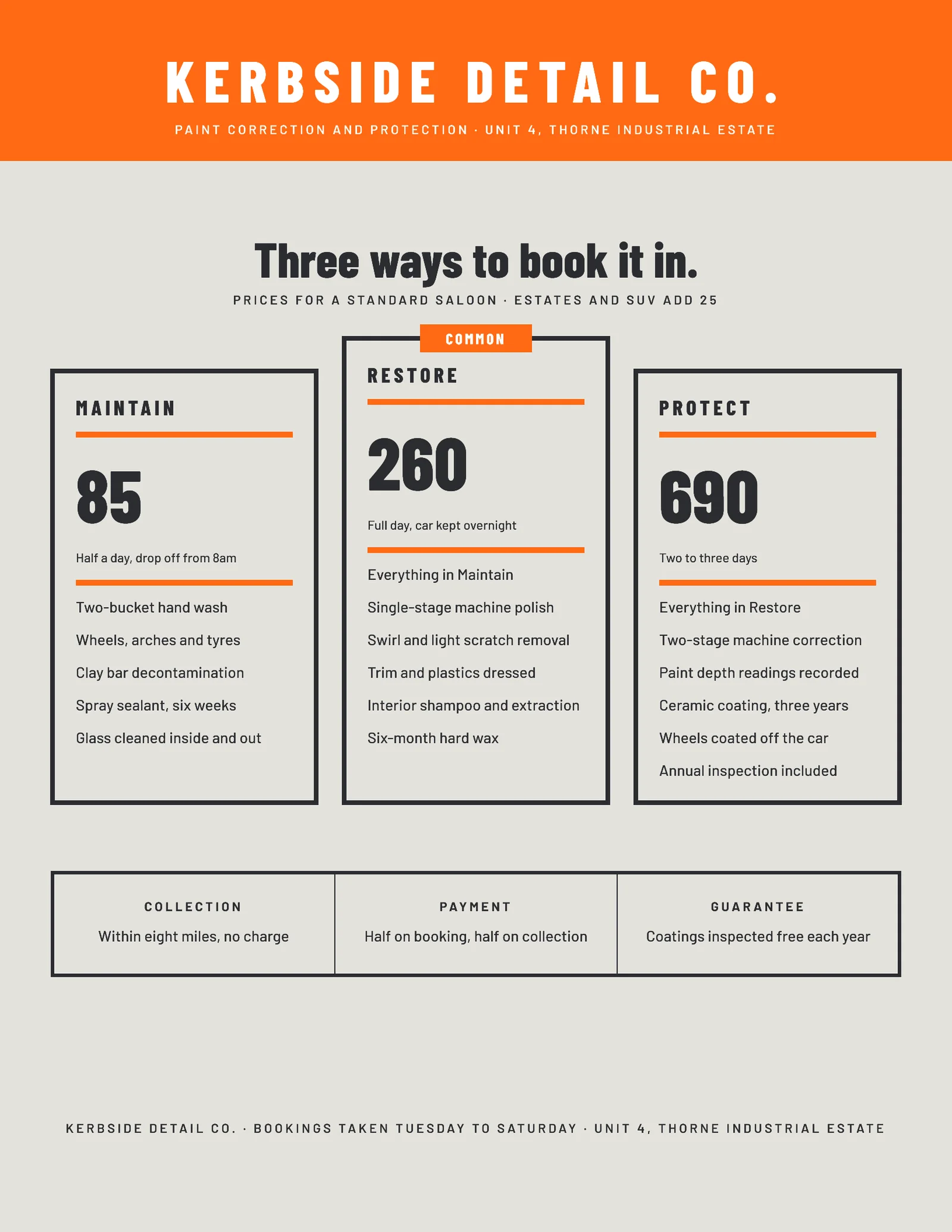Graphite Safety Orange Three Tier Plates Car Detailing Package Menu Flyer — Letter Flyer template