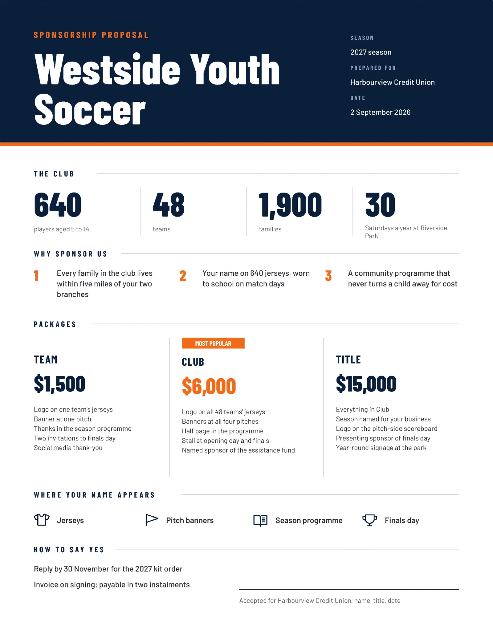 Bold Youth Sports Sponsorship Proposal — 2-page Proposal template, page 1 of 2