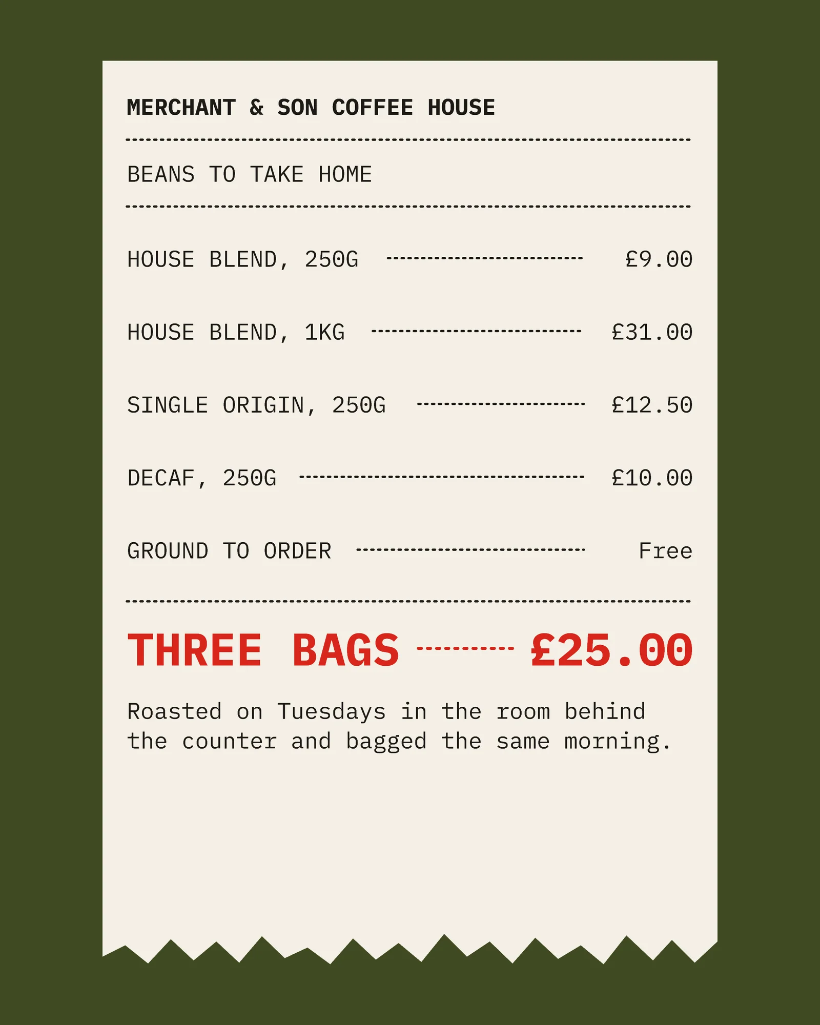 Olive Newsprint Torn Ticket Coffee House January Hours Instagram Carousel — 4-panel Instagram carousel carousel template, page 3 of 4