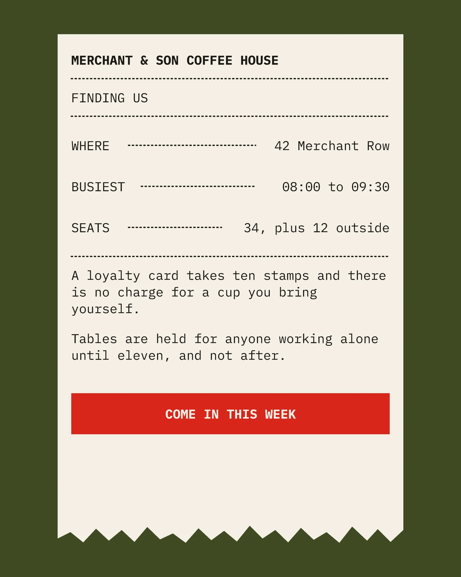 Olive Newsprint Torn Ticket Coffee House January Hours Instagram Carousel — 4-panel Instagram carousel carousel template, page 4 of 4
