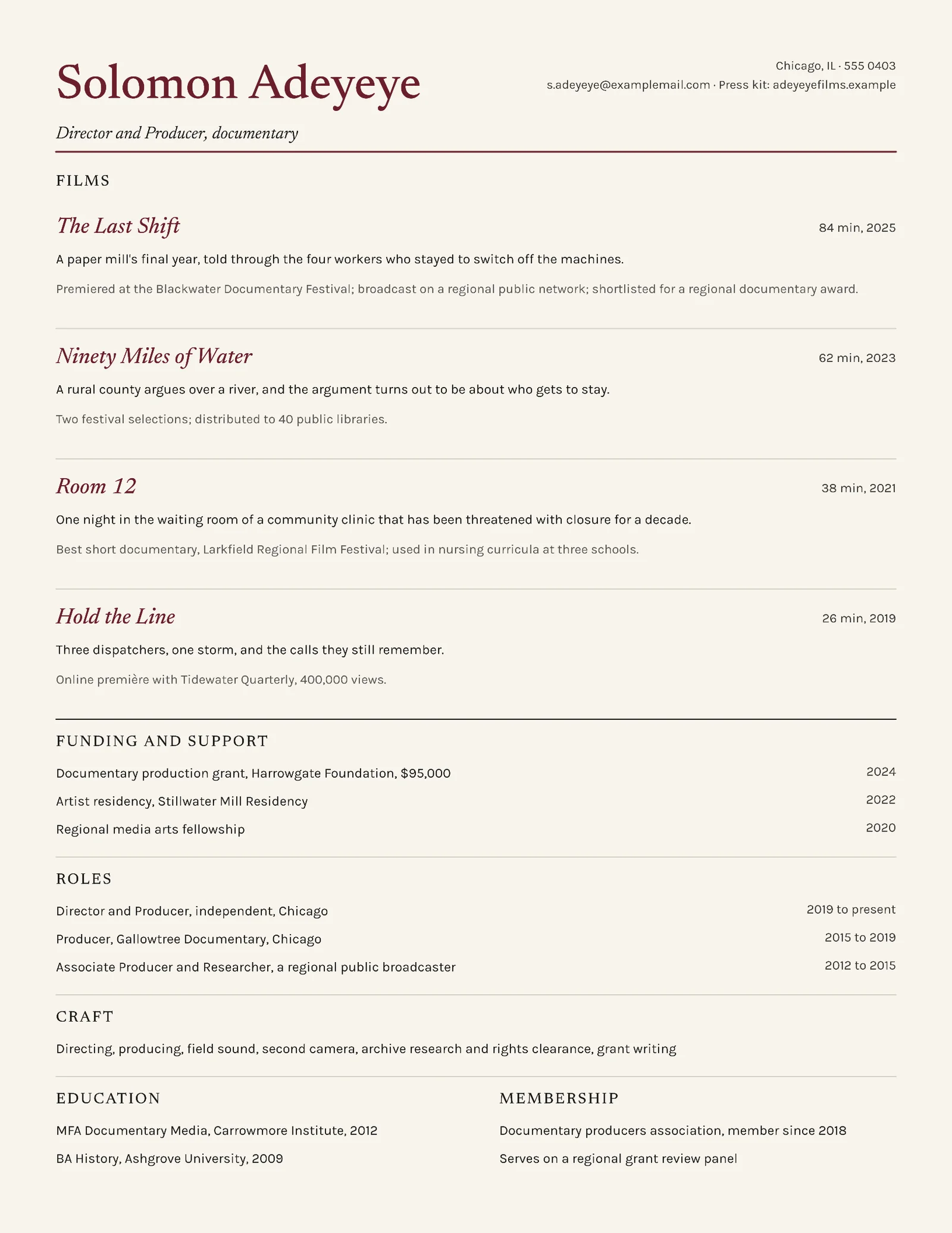 Documentary Filmmaker Resume — Letter Resume template
