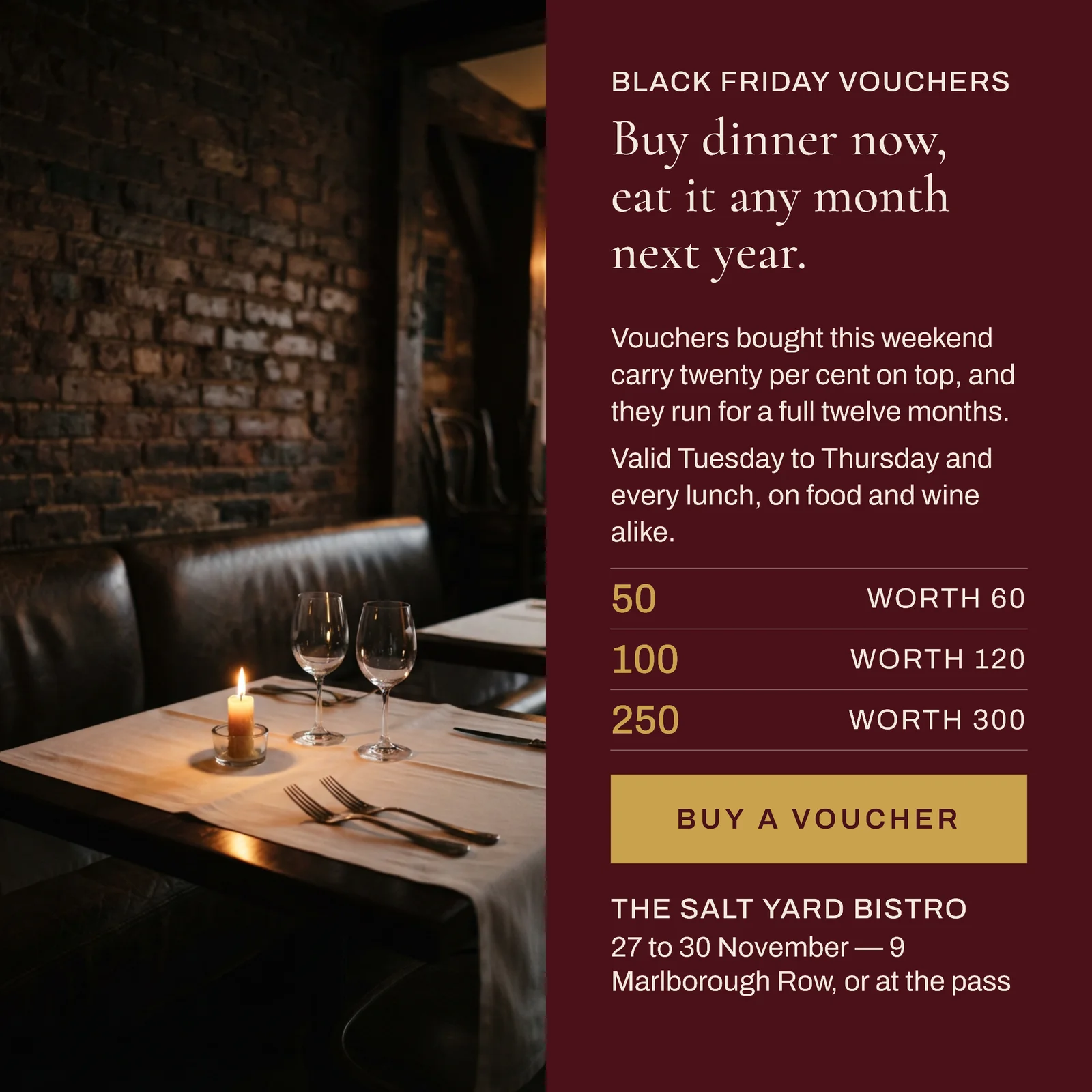 Oxblood Vertical Split Bistro Voucher Black Friday Facebook Ad — 1:1 Facebook ad template