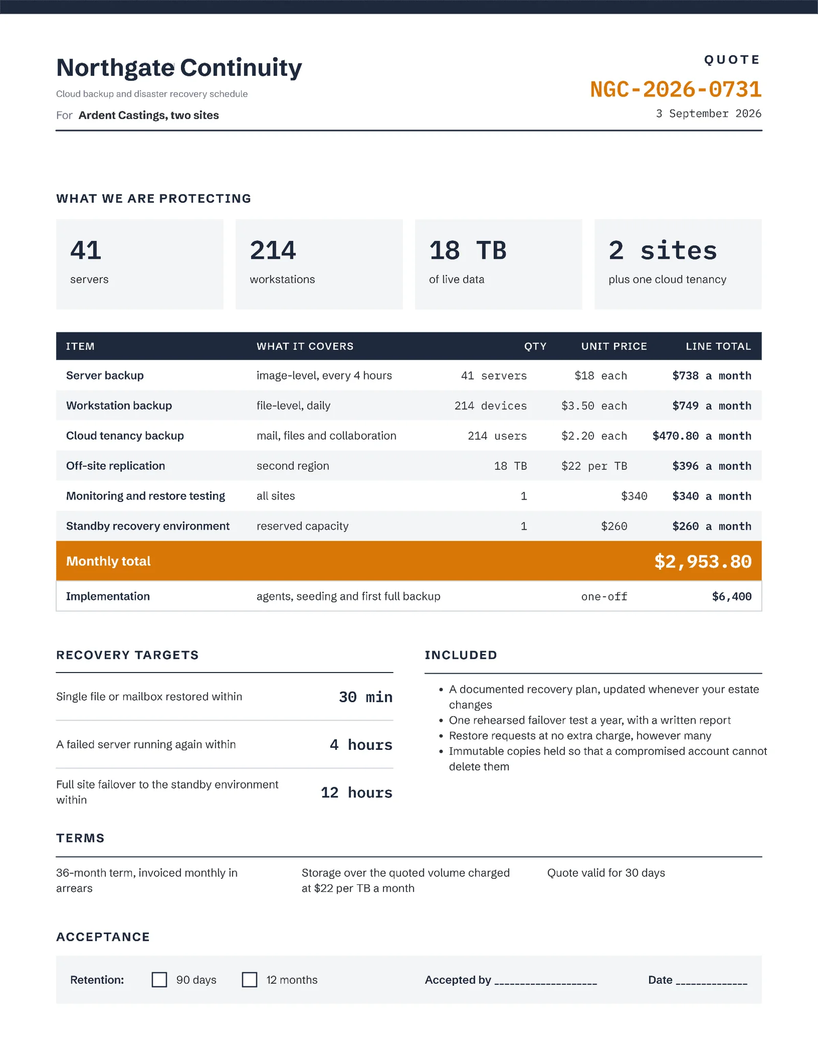 Slate Amber Backup And Recovery Quote — 2-page Quote template, page 1 of 2