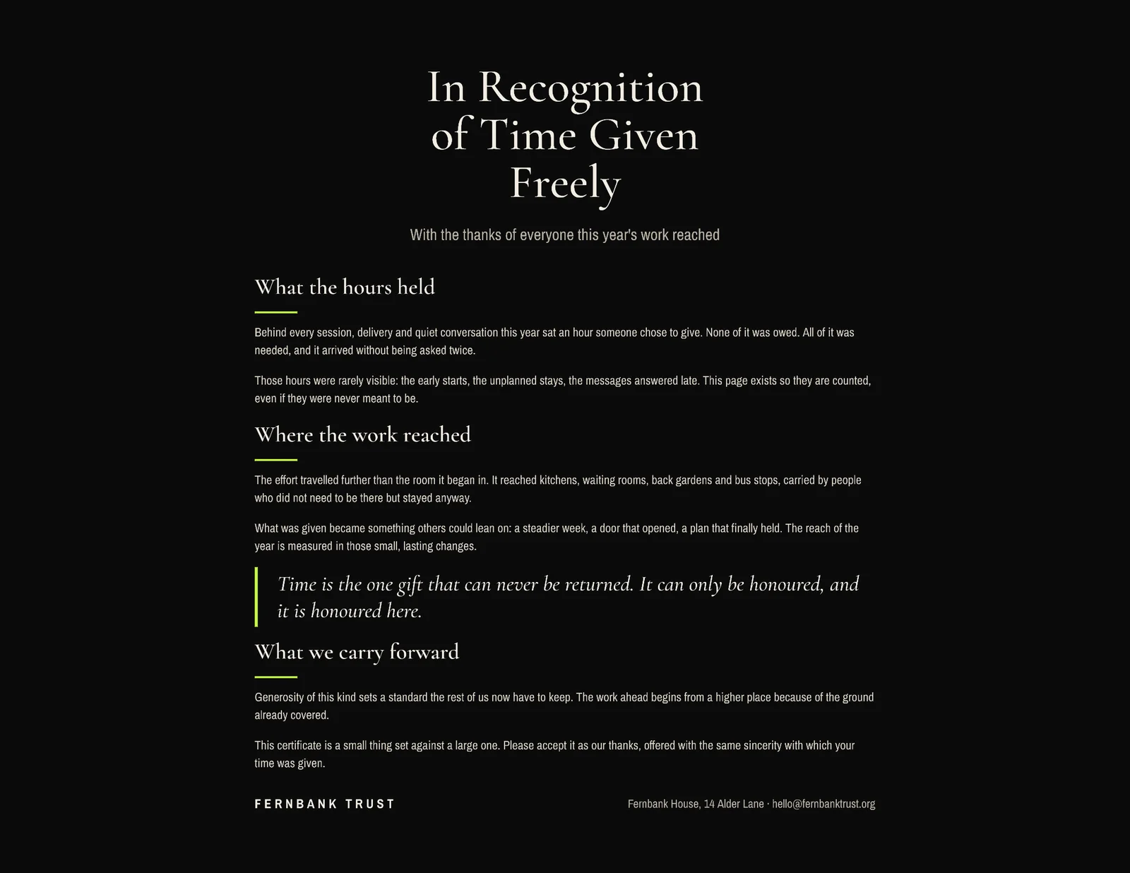 Time Given Freely Certificate — Letter landscape Certificate template