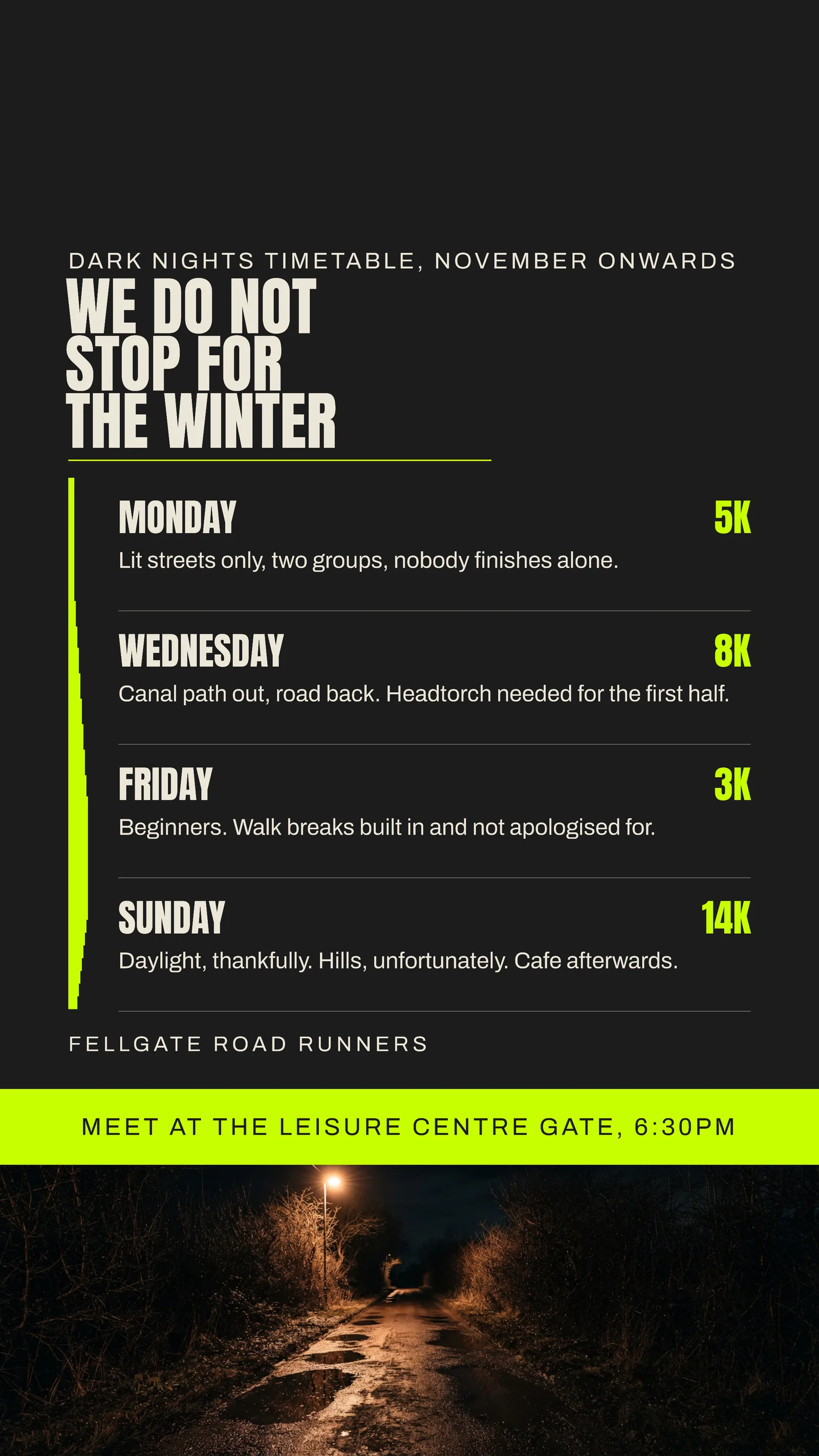 Charcoal Lime Elevation Strip Run Club Dark Nights Instagram Story — 9:16 Instagram story template