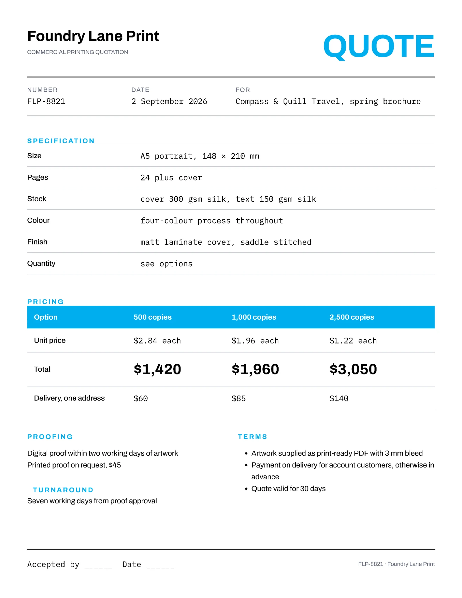 Print Spec Commercial Printing Quote — 2-page Quote template, page 1 of 2