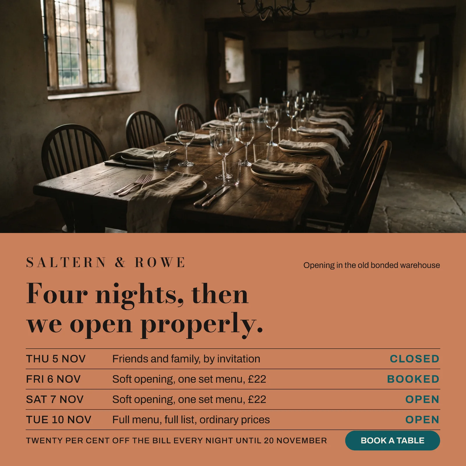 Clay Teal Photo Half Schedule Restaurant Grand Opening Facebook Ad — 1:1 Facebook ad template