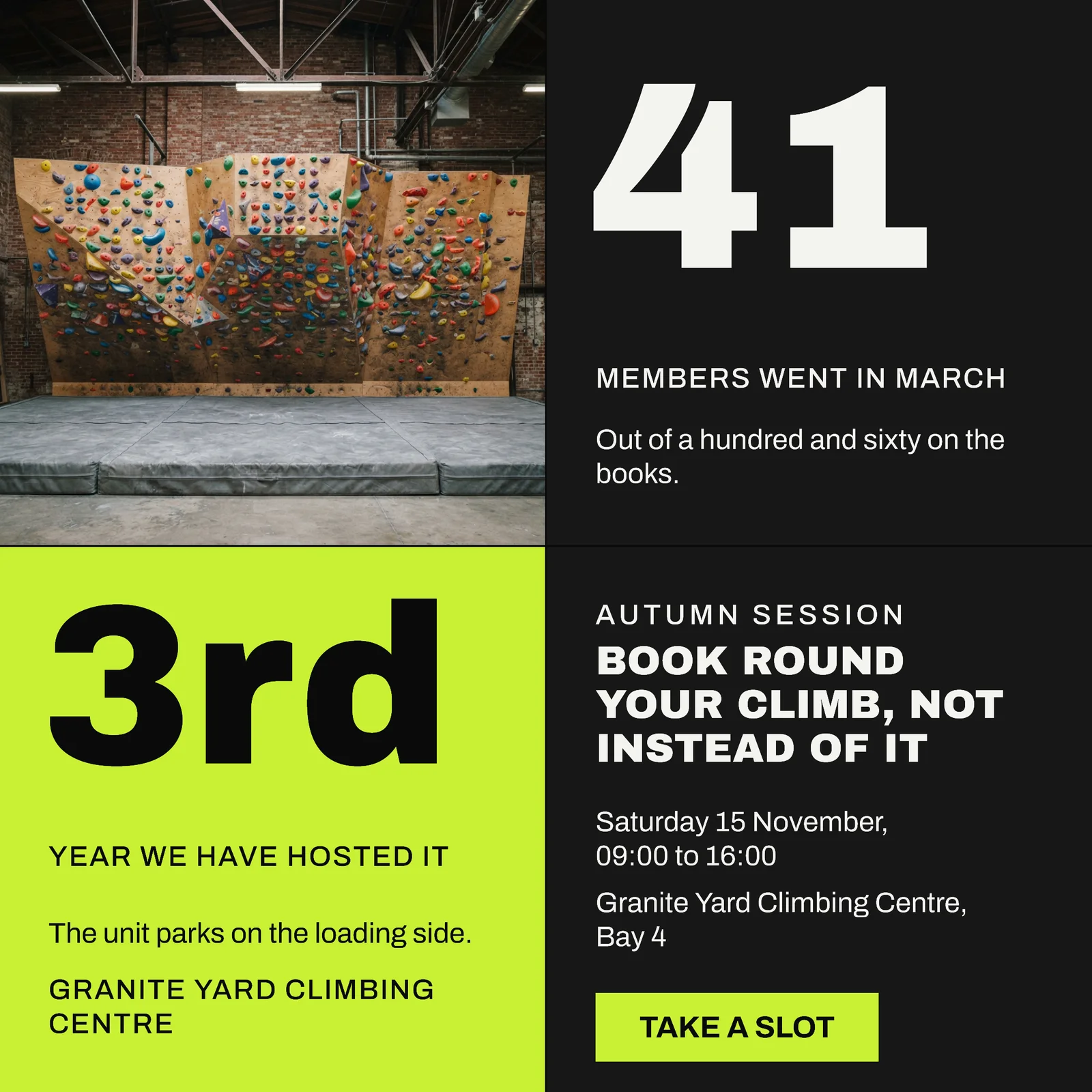 Near Black Lime Stat Tile Grid Climbing Centre Members Session Facebook Ad — 1:1 Facebook ad template