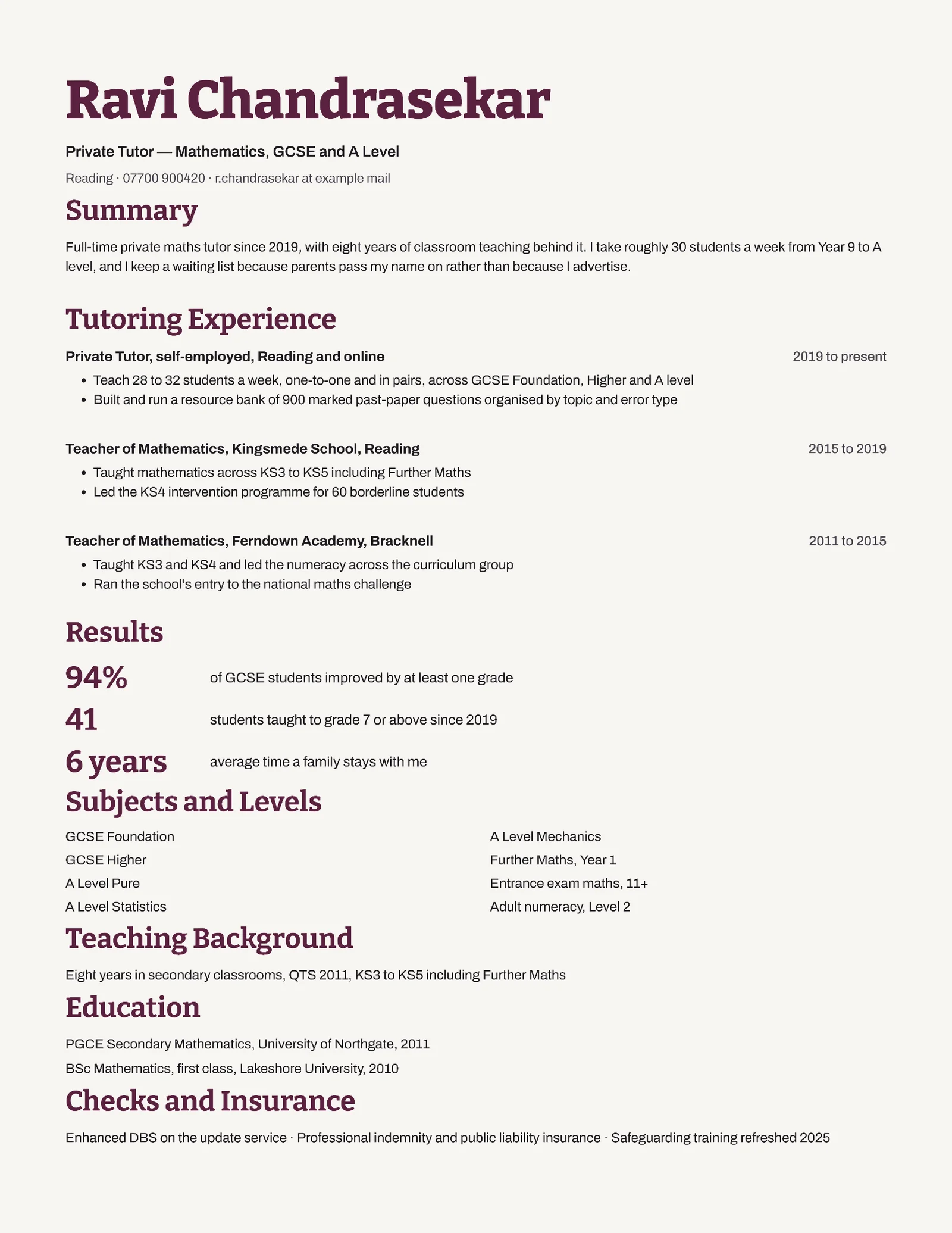 Plum Slab Heads Private Maths Tutor Resume — Letter Resume template