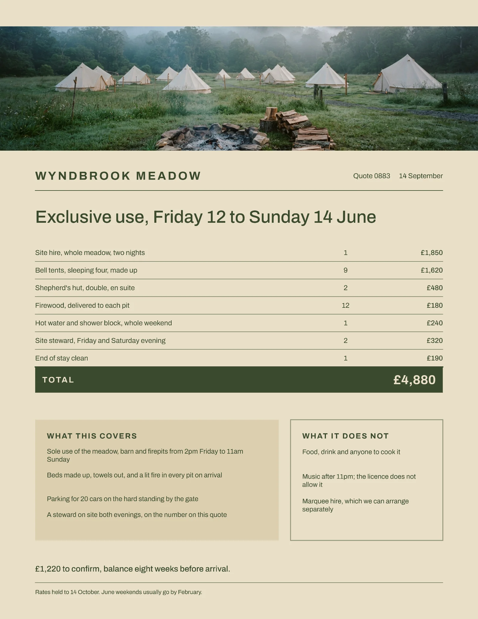 Exclusive Use Weekend Glamping Site Quote — Letter Quote template