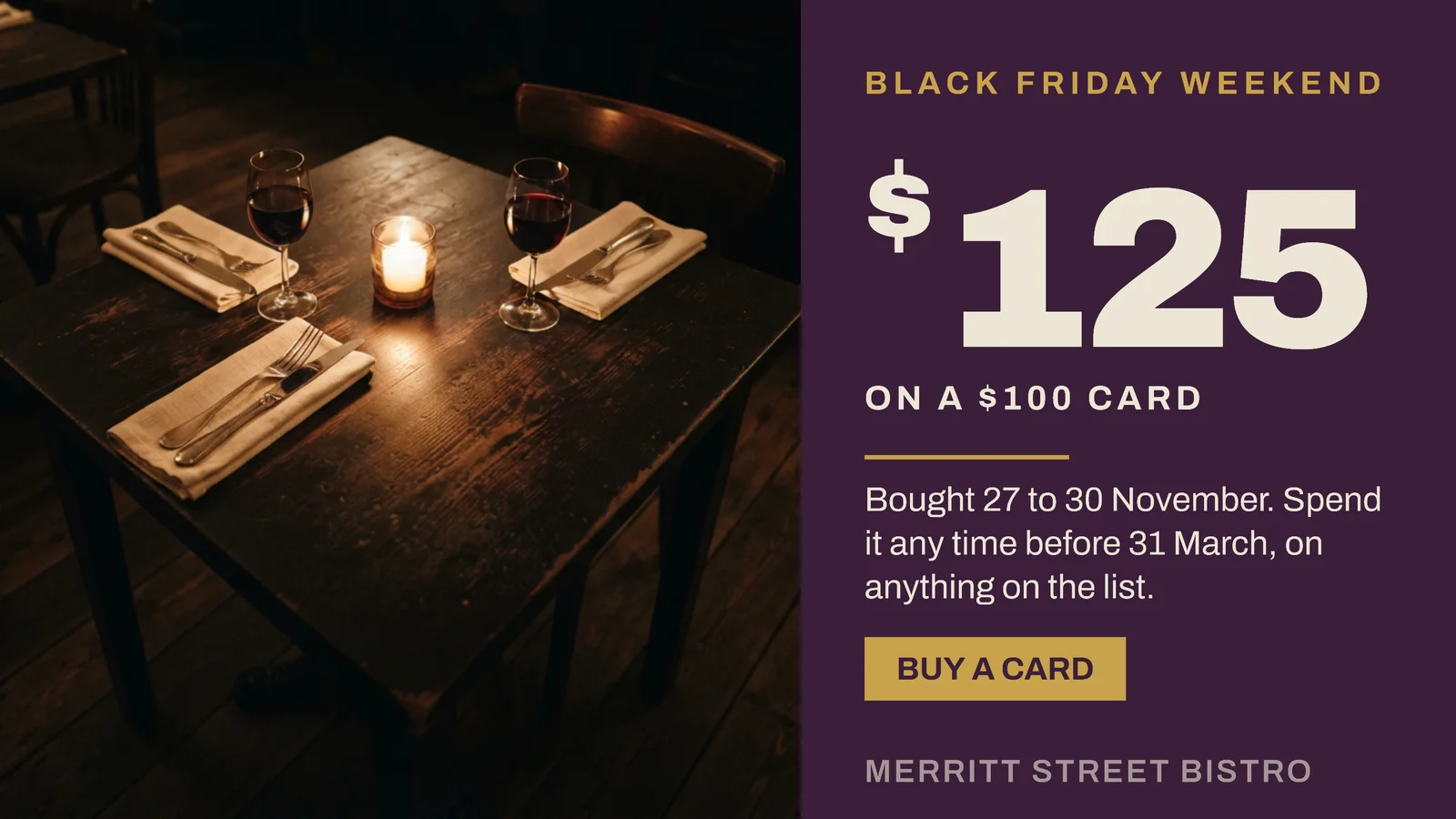 Plum Gold Number Hero Bistro Gift Card Black Friday YouTube Ad — 16:9 YouTube ad template