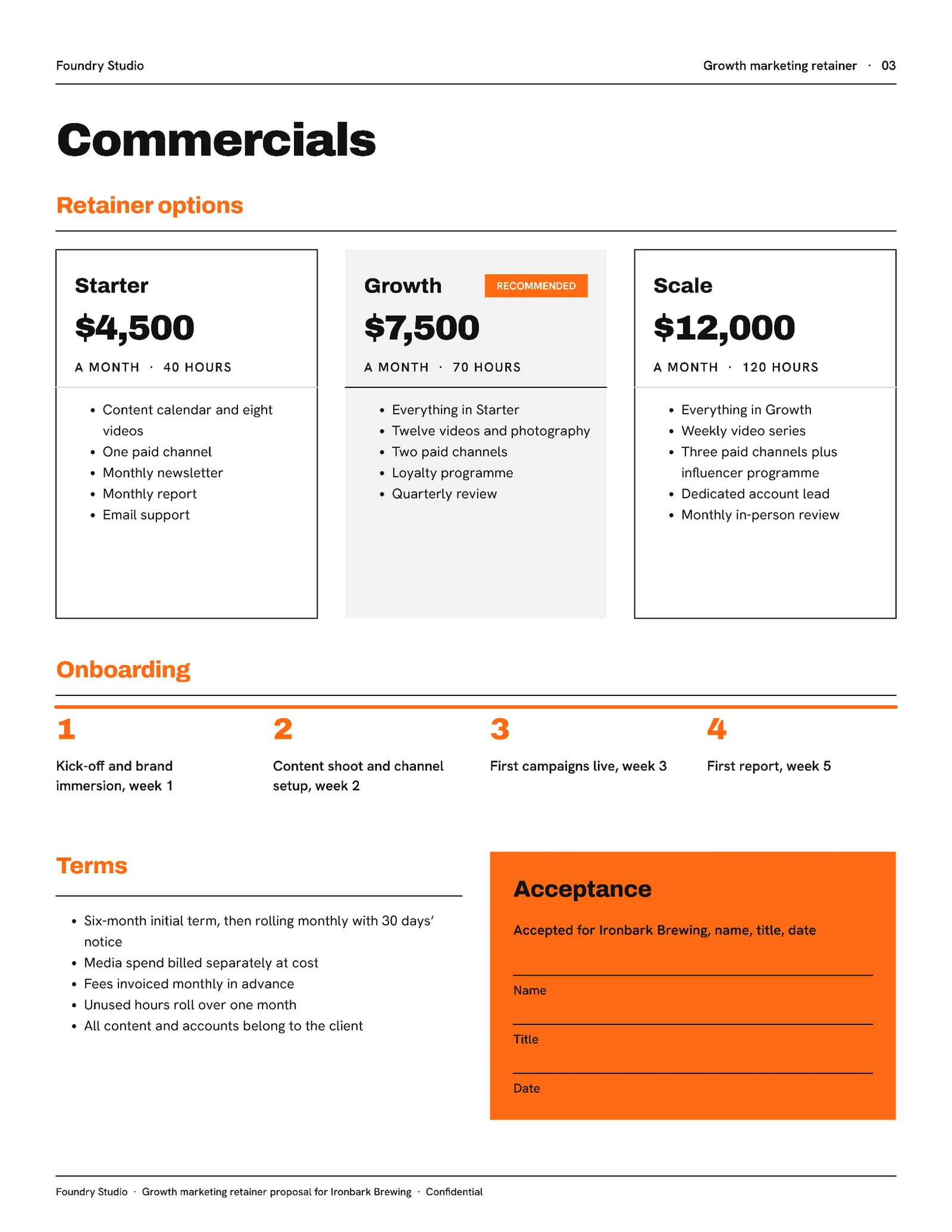Bold Agency Marketing Retainer Proposal — 3-page Proposal template, page 3 of 3