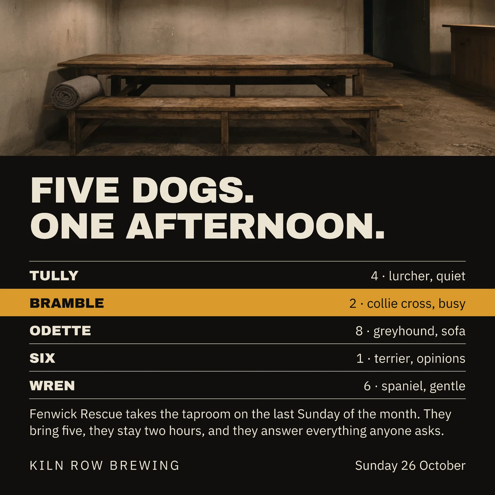 Near Black Amber Ruled Roster Taproom Five Dogs One Afternoon Facebook Post — 1:1 Facebook post template