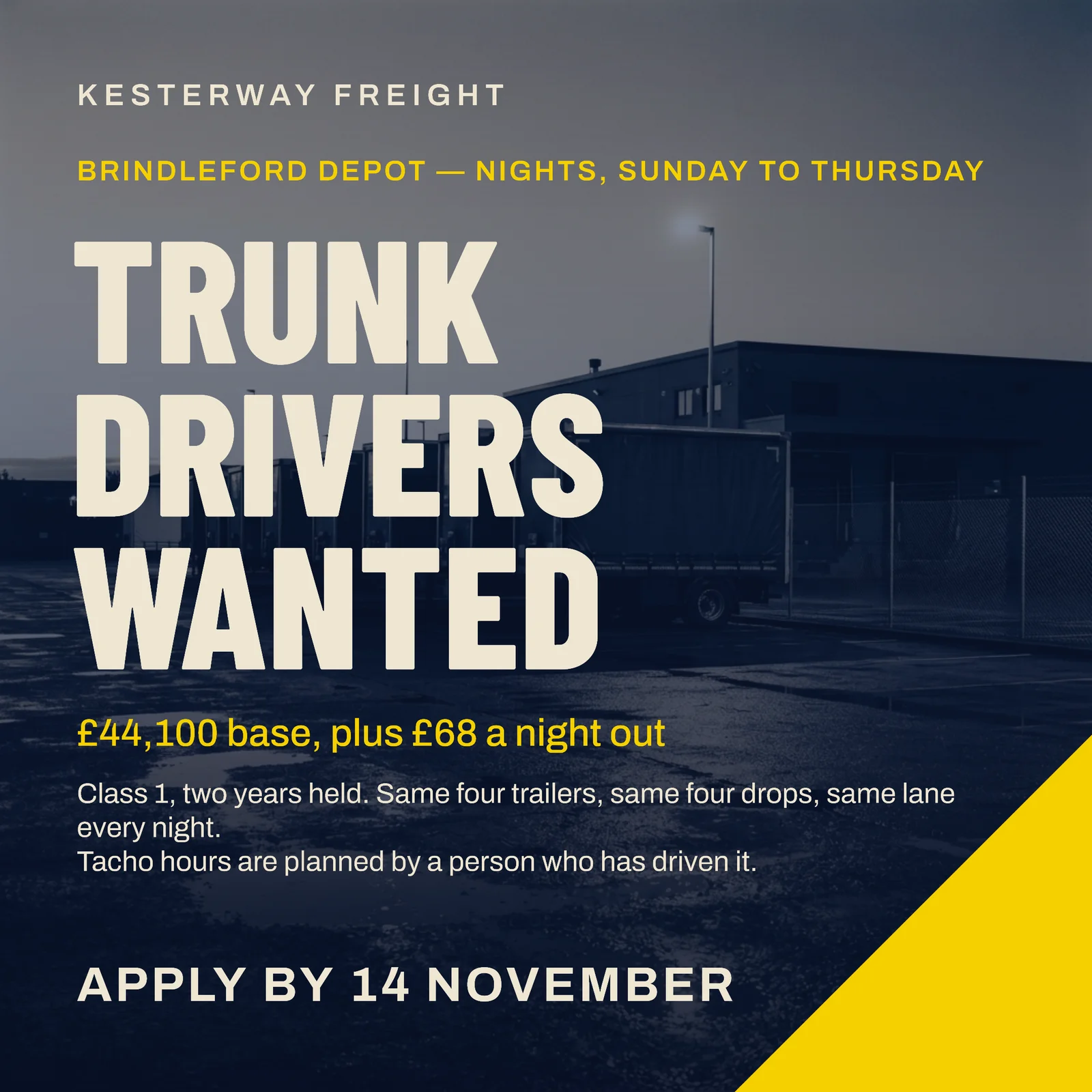Trunk driver hiring ad — duotone depot yard — 1:1 LinkedIn ad template