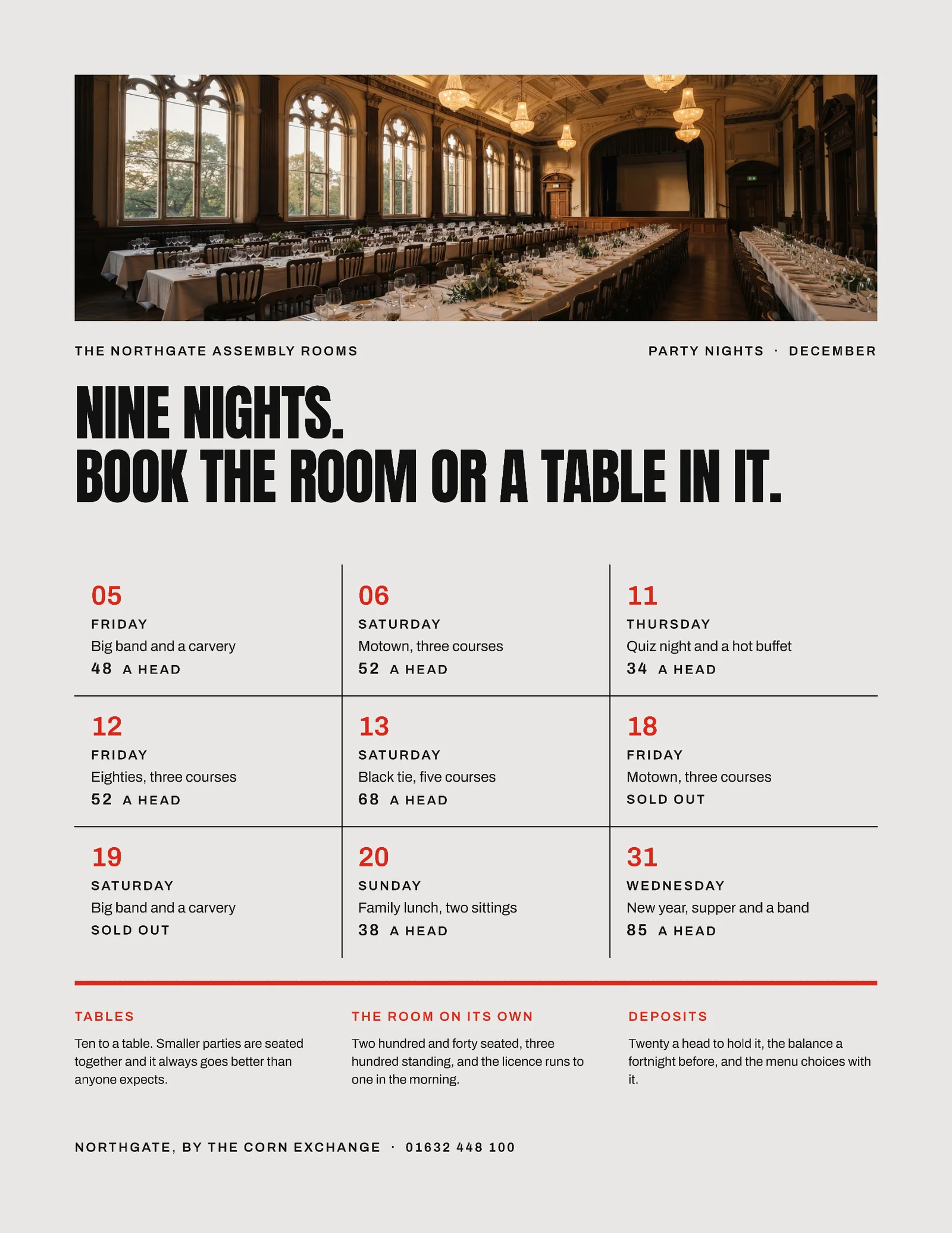 Pearl Date Grid Assembly Rooms Christmas Party Nights Menu — Letter Menu template