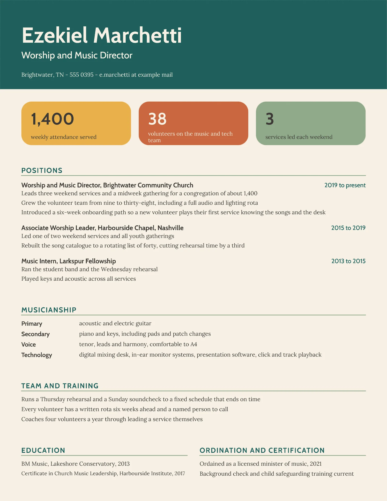 Worship Musician Resume — Letter Resume template