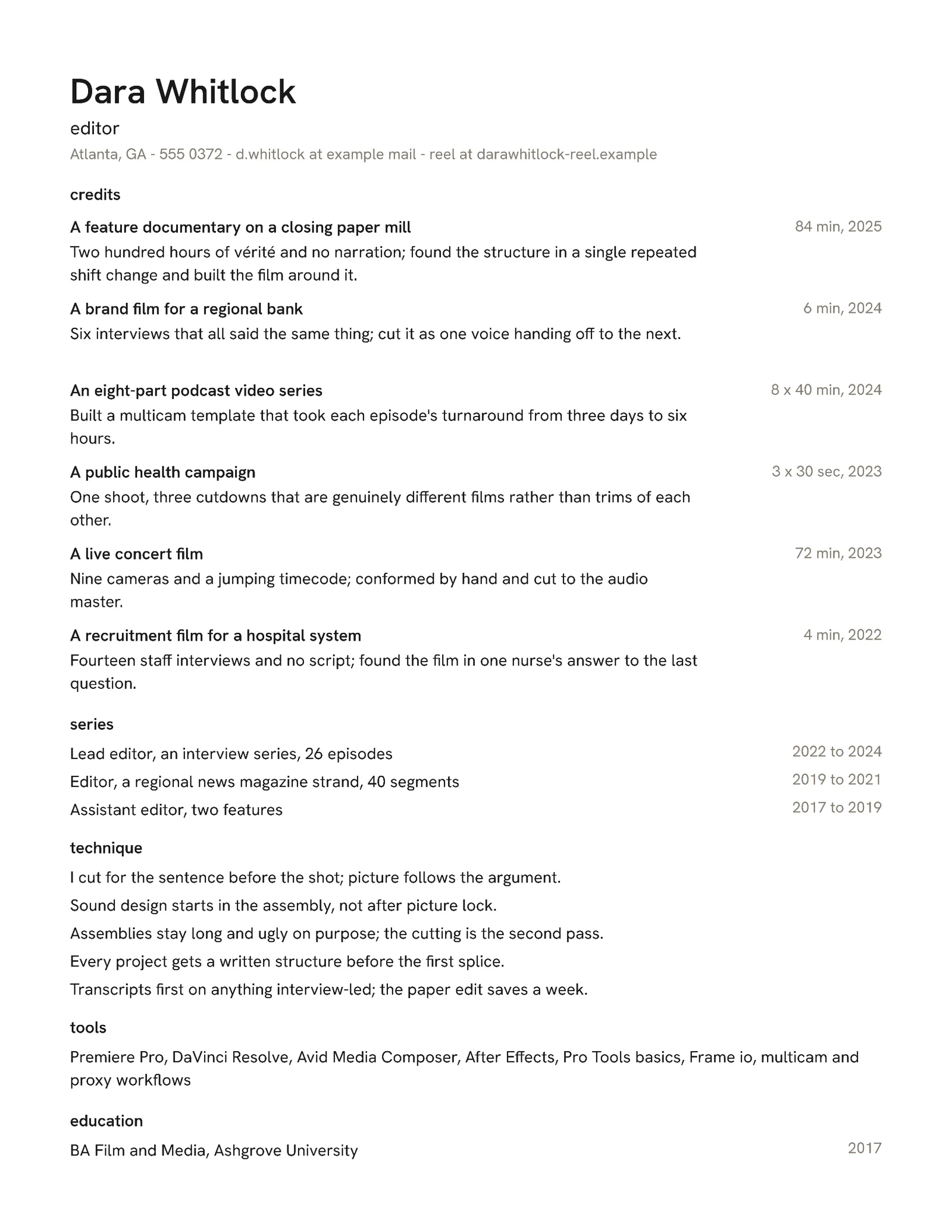 Video Editor Resume — Letter Resume template