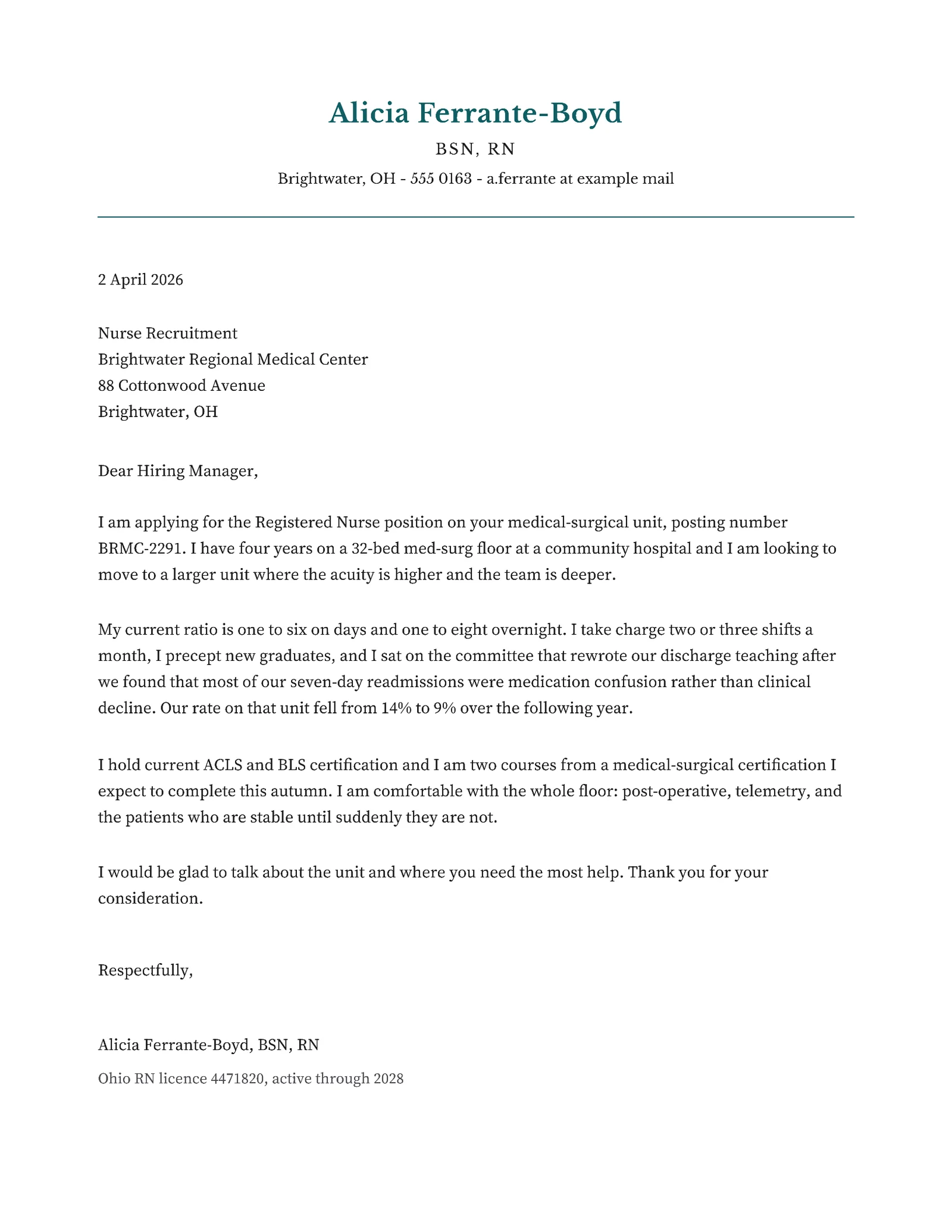 Registered Nurse Cover Letter — Letter Cover letter template