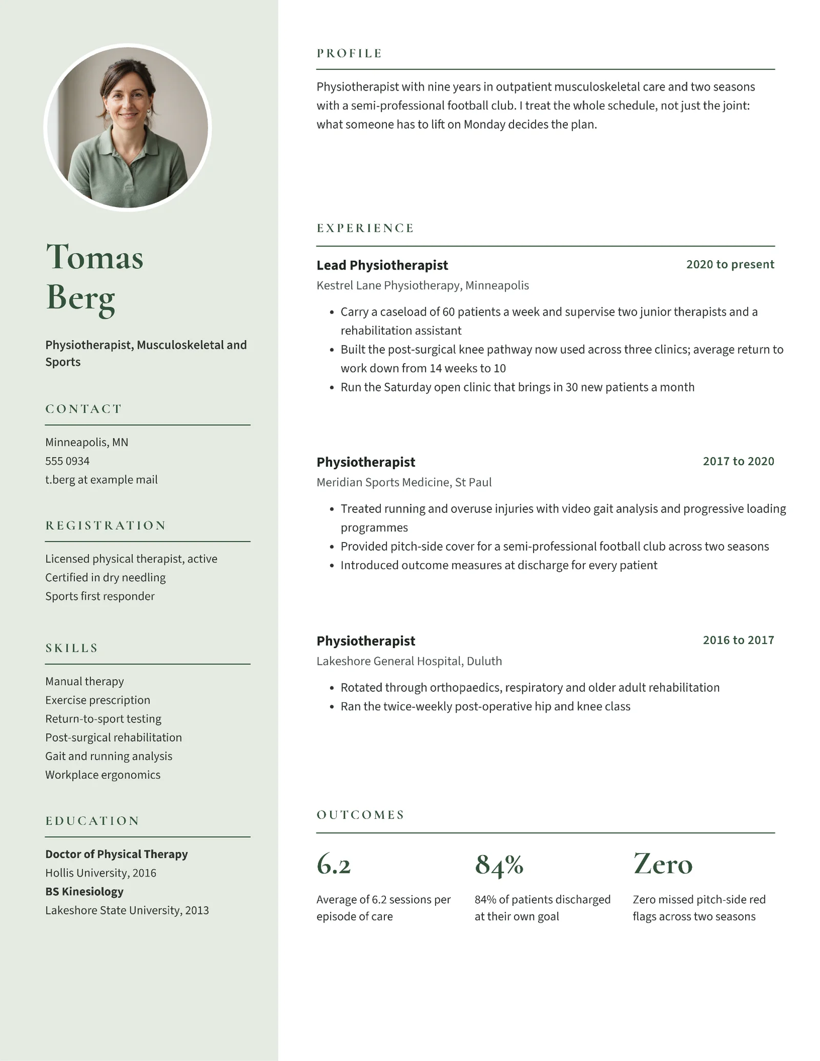 Sage Photo Physiotherapist Resume — Letter Resume template